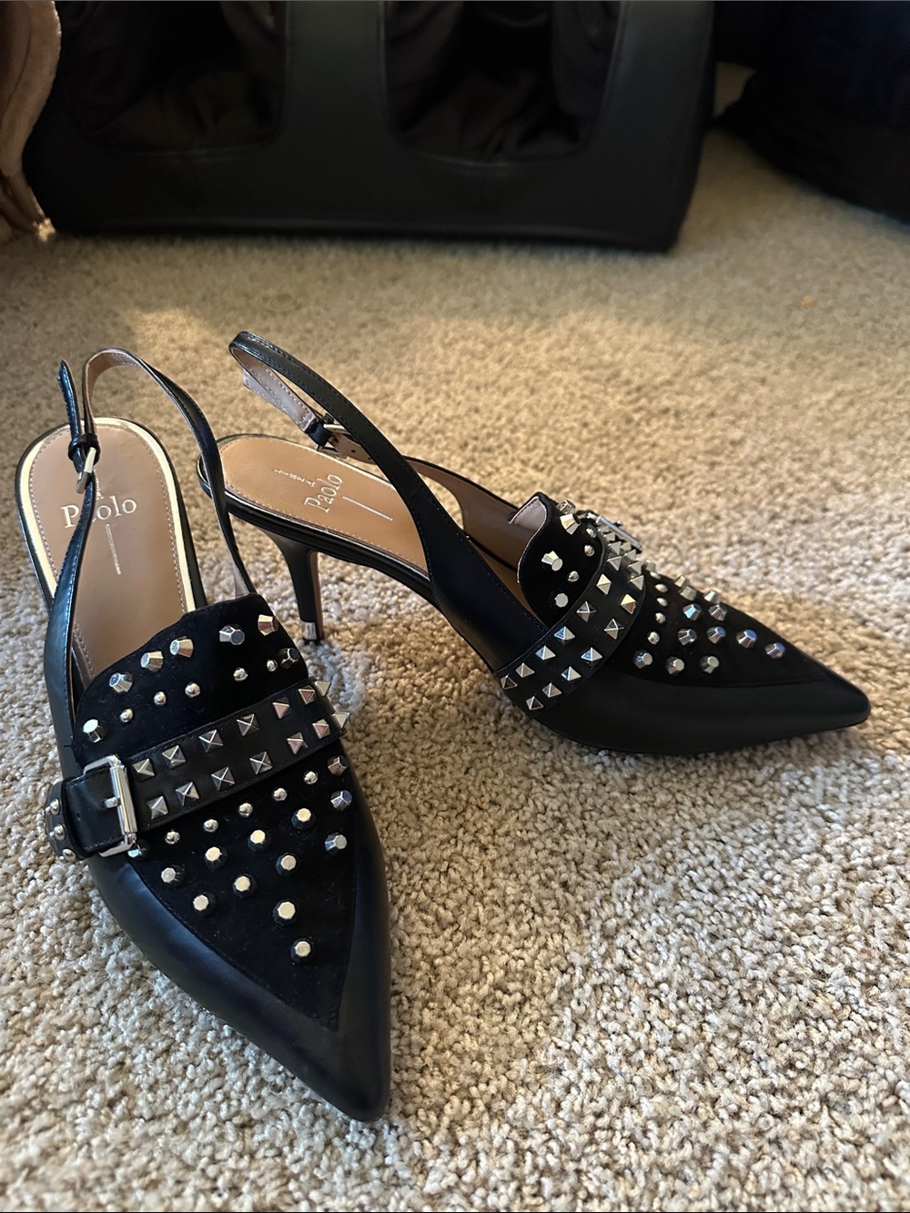Linea Paolo Black Studded Pointed Slingback heals, w/ silver tipped heal.